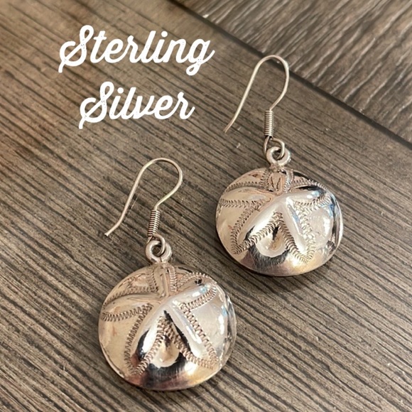 Vintage Jewelry - Vintage Sterling Silver Sand Dollar Earrings, Dangle, Fish Hook Beach Theme